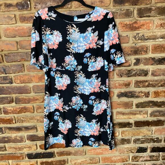 WAYF Black Floral Short Sleeve Mini A-Line Dress Women's Size Medium - Picture 1 of 6